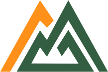 Logotipo geométrico con montañas en verde y naranja.