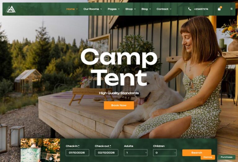 Camping tent con mujer y perro en un entorno natural.