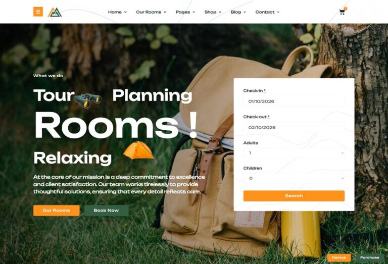 Página de inicio con formulario de reserva y mochila de senderismo.